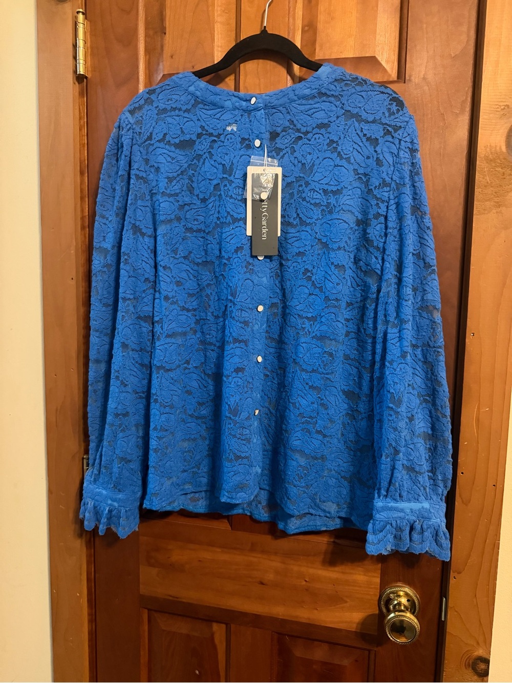 PrettyGarden Blue Lace Button-Up Women's Top With Ruffled Wrist